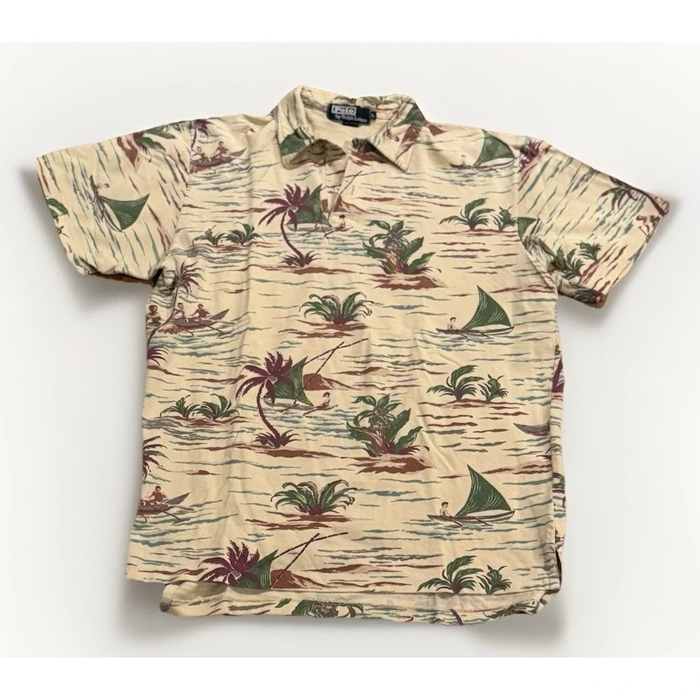 Vintage 90s Polo Ralph Lauren Hawaiian All Over Print Shirt L  Camp USA Made